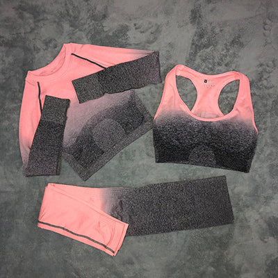 Ombre Seamless Leggings+Sports Bra+Long Sleeve Crop Top 3Pcs Yoga Set Women Running Gym Clothing High Waist Fitness Sports Suit