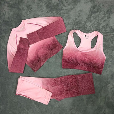Ombre Seamless Leggings+Sports Bra+Long Sleeve Crop Top 3Pcs Yoga Set Women Running Gym Clothing High Waist Fitness Sports Suit