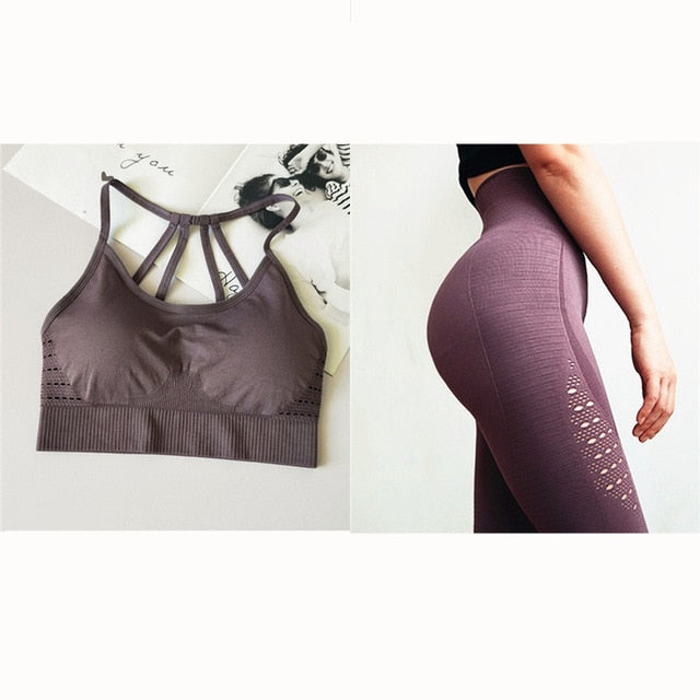 Oyoo Seamless Yoga Sets Olive Fitness Clothing High Waist Gym Leggings Women Red Padded Sports Bra Top 2 Pcs Sport Suits