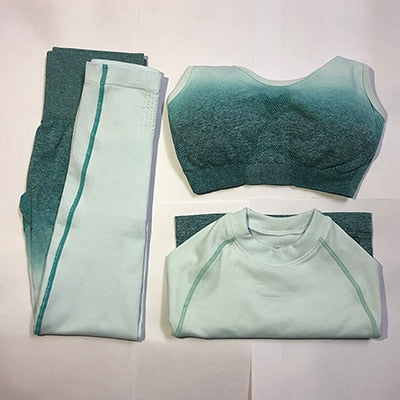 Ombre Seamless Leggings+Sports Bra+Long Sleeve Crop Top 3Pcs Yoga Set Women Running Gym Clothing High Waist Fitness Sports Suit