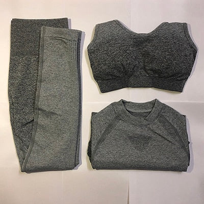 Ombre Seamless Leggings+Sports Bra+Long Sleeve Crop Top 3Pcs Yoga Set Women Running Gym Clothing High Waist Fitness Sports Suit