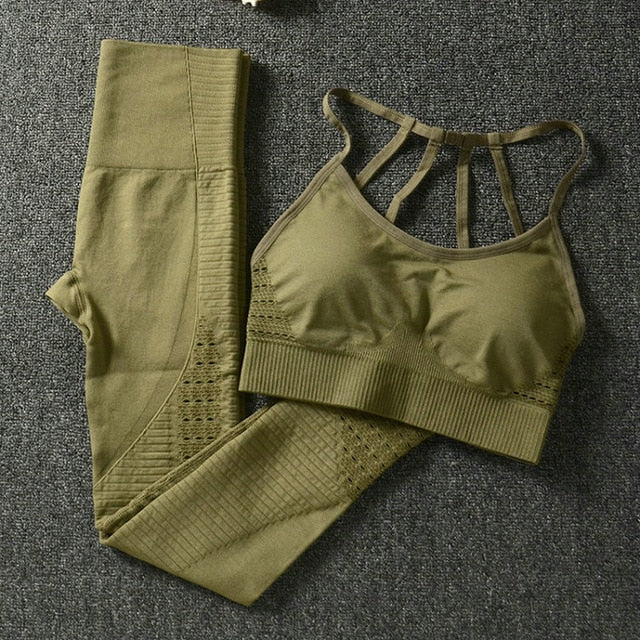 2PCS Yoga Set Strappy Bra Seamless Leggings Women Gym Fitness Clothing High Waist Yoga Leggings Set Running Sportswear Tracksuit