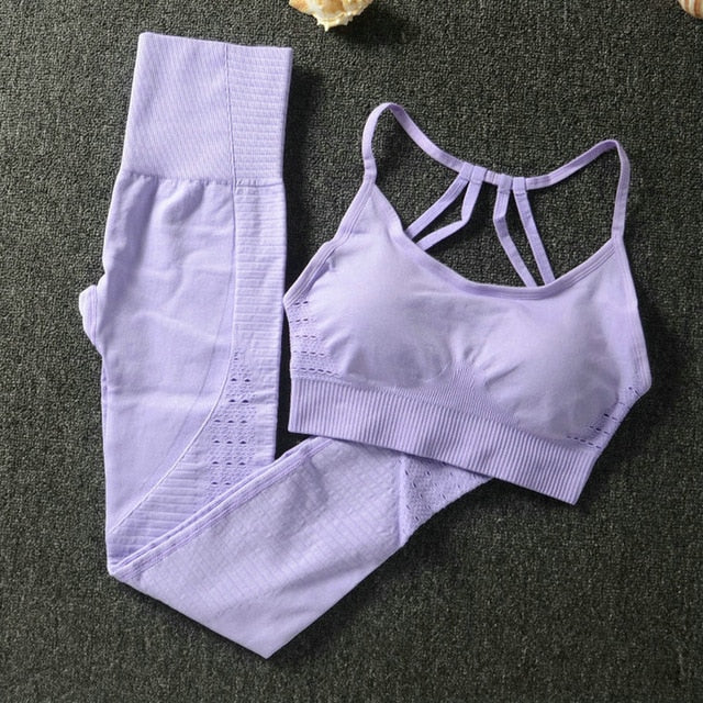 2PCS Yoga Set Strappy Bra Seamless Leggings Women Gym Fitness Clothing High Waist Yoga Leggings Set Running Sportswear Tracksuit