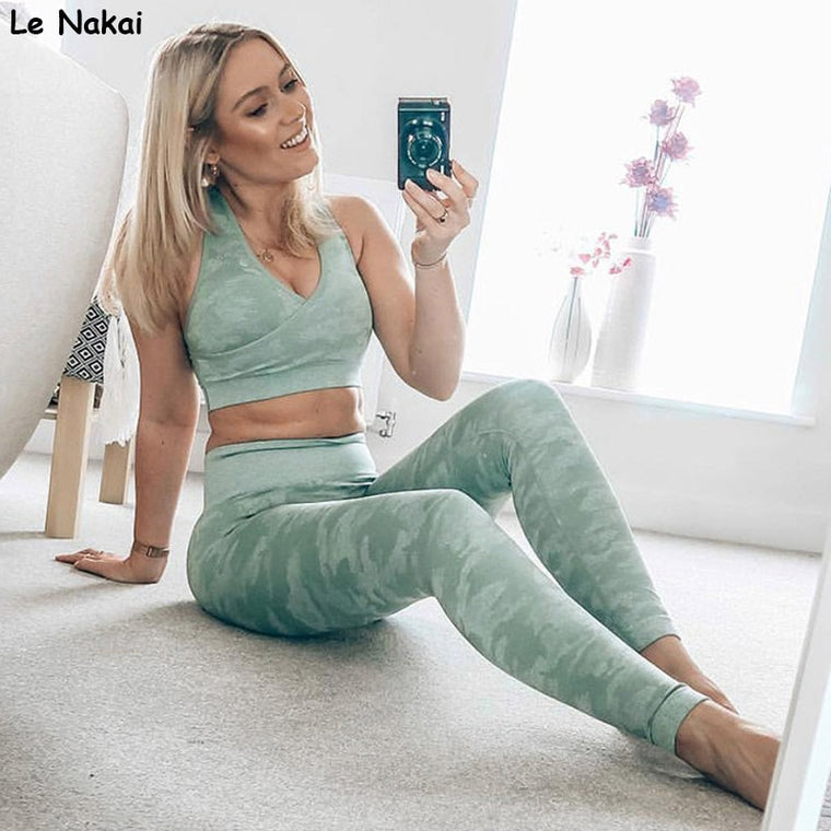 Camo seamless yoga set 2 piece workout gym set fitness clothing active sports wear seamless gym clothes sport crop top
