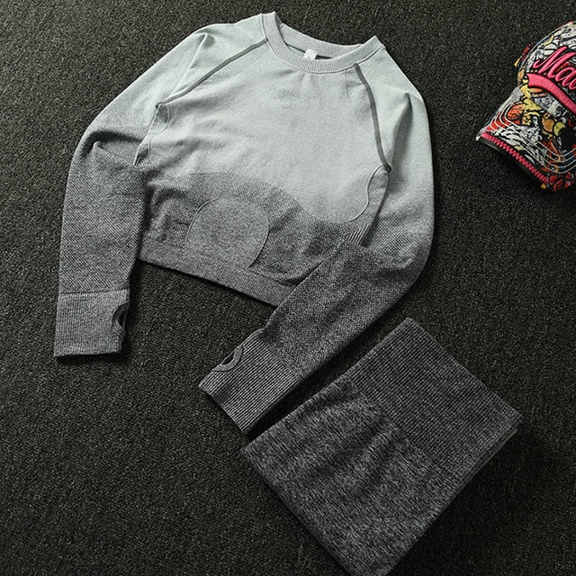 2PCS Yoga Set Women Long Sleeve Crop Tops And High Waisted Tummy Control Sport Leggings Gym Clothing Ombre Seamless Sport Suit