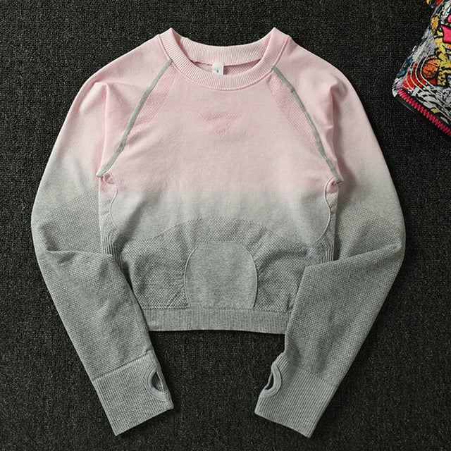 2PCS Yoga Set Women Long Sleeve Crop Tops And High Waisted Tummy Control Sport Leggings Gym Clothing Ombre Seamless Sport Suit