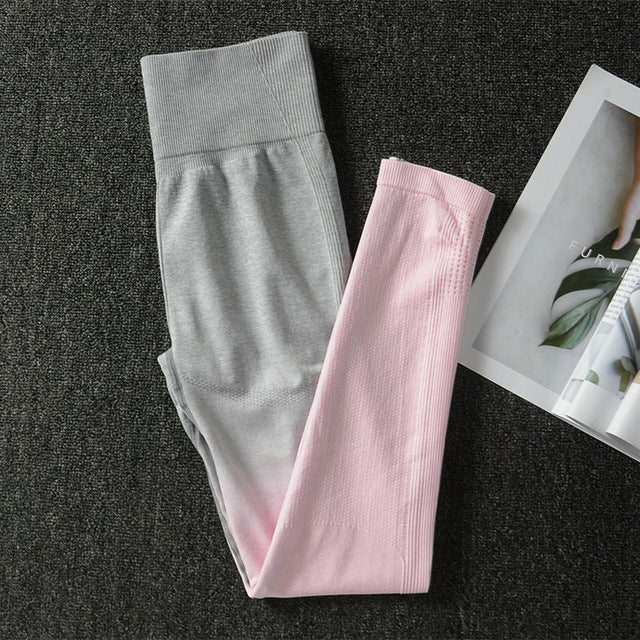 2PCS Yoga Set Women Long Sleeve Crop Tops And High Waisted Tummy Control Sport Leggings Gym Clothing Ombre Seamless Sport Suit
