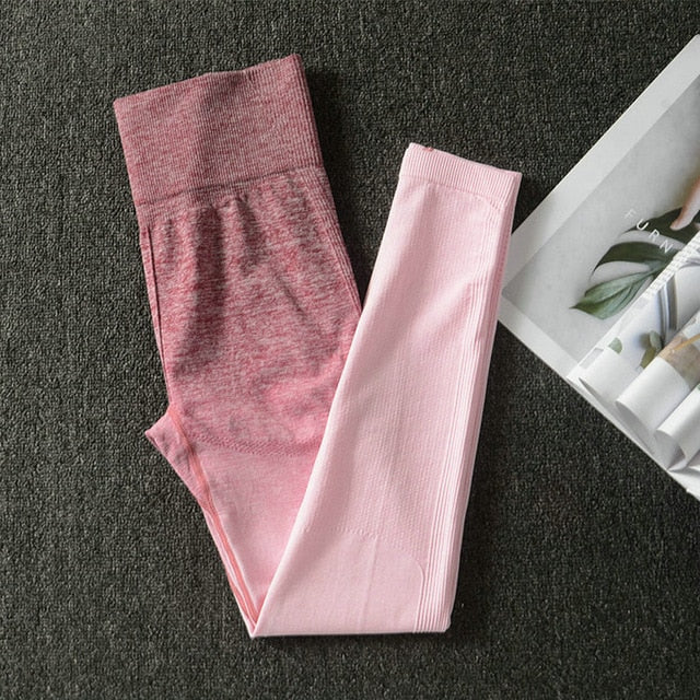 2PCS Yoga Set Women Long Sleeve Crop Tops And High Waisted Tummy Control Sport Leggings Gym Clothing Ombre Seamless Sport Suit